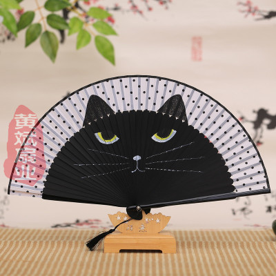 Paint Handle Hand-Painted Cat Fan Japanese Girl Bamboo Folding Fan Cartoon Totoro Fan Silk Creative Japanese Style Craft Fan