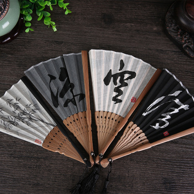 Chinese Style Zen Japanese Style Folding Fan Bamboo Handle Kimono Fan Cotton and Linen Fan Dragonfly Ink Artistic Conception Empty Cool