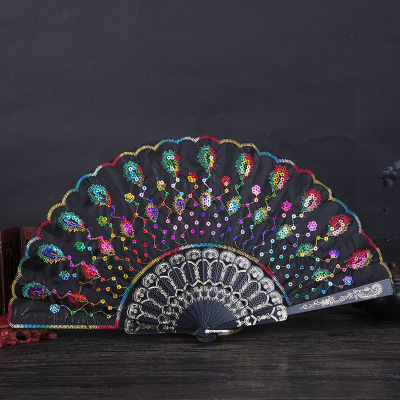 Sequins Plastic Fan Chinese Style Dancing Fan Peacock Open Screen Tail Fan Sequins Embroidered Fan Wholesale