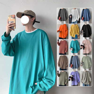 Long Sleeve T-shirt Men's Spring and Autumn New Solid Color Ins Hong Kong Style Solid Color Clothes Base Shirt White T-shirt Teen Clothes