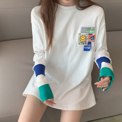 Spring and Autumn 2021 New Large Size Women's Clothing Stitching Loose Korean Style Mid-Length Long Sleeve T-shirt Women's Inner Bottoming Shirt Fashion