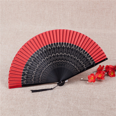 Chinese Style Retro Japanese Style Japanese Style Folding Fan Pine Leaf Hollow Carved Fan Solid Color Red Portable Lady Dance Fan
