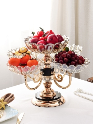 Crystal Glass Fruit Plate 5-Head European-Style Large Fruit Plate Villa Luxury Decorative Fruit Plate Dried Fruit Box Base Golden Fruit Basket