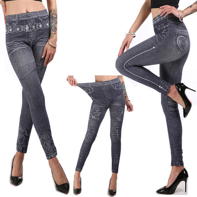 Spring New Faux Denim Leggings Women's Hip Lifting Elastic Slim Fit Slimming Cropped Pants Foreign Trade Popular Style