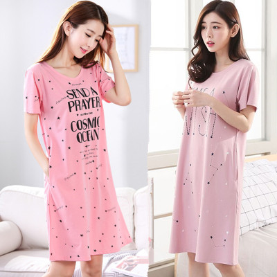 Pure Cotton Nightdress Women's Summer Cotton Short Sleeve Pajamas Loose and Cute Plump Girls plus Size Home Wear Can Be Worn outside