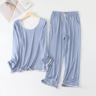 Spring Large Size 50S Lanjing Modal Pajamas Suit Home Wear U-Neck Long-Sleeved Trousers Thin Casual Fashion