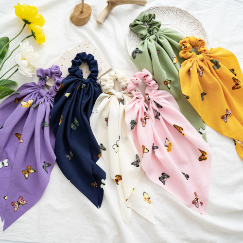 chiffon butterfly pattern large intestine ring streamer ponytail large intestine ring hair rope cross-border women‘s hair tie