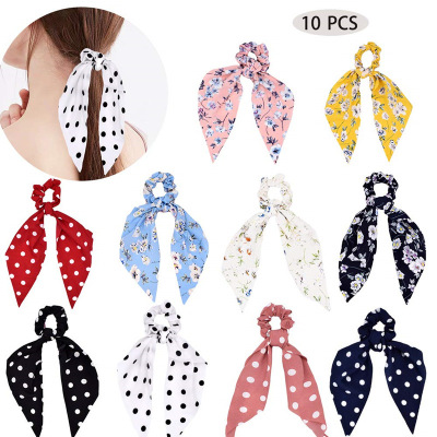 Headband Korean Style New Cross-Border Floral Large Intestine Ring Ribbon Three-State Jewelry New Long Tie Hair Ponytail Two