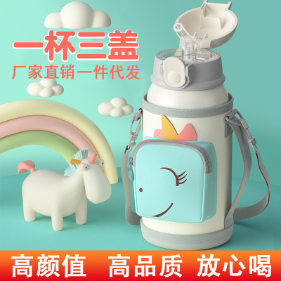 304 Children's Thermos Water Cup Cartoon with Cup Cover Bottle for Children Straw Internet Celebrity Cup One Cup Three Lid Water Cup