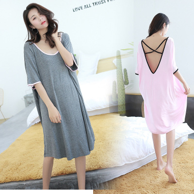 2020 Summer New Modal Striped Nightdress Mid-Length Short Sleeve Pajamas Dress Slim Fit Slimming Homewear