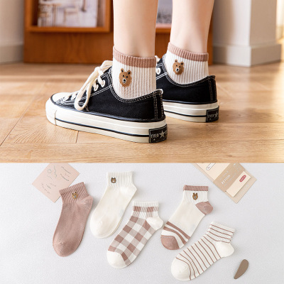 21 Spring and Summer New Socks Women's Socks Cute Japanese Style Bear Striped Plaid Women's Low-Cut Liners Socks Factory Wholesale