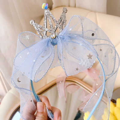 Children's Mesh Headband Princess Crown Shiny Diamond Bow Girls Headdress Korean Style Female Hair Accessories Wholesale