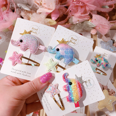 Korean New Glitter Rainbow Color Barrettes Side Clip Baby Elephant BB Clip Hairpin