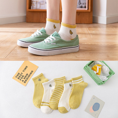 Spring and Summer New Socks for Women Korean Style Socks Yellow Series Fresh Fruit Strip Bars Women's Low-Cut Liners Socks Factory Wholesale