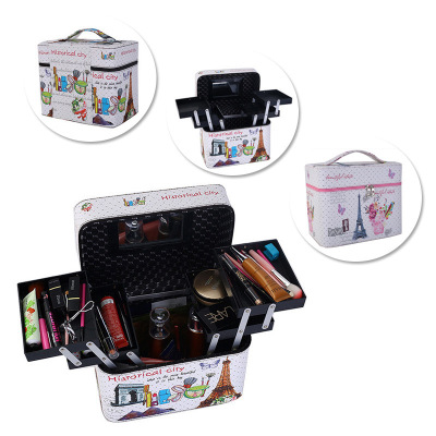 Korean Style Printed Large Multifunctional Portable Tower Portable Cosmetic Case Four Open Large Capacity Cosmetic Bag Storage Bag