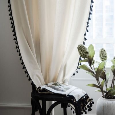 Curtain Finished Cotton Linen Solid Color Black Tassel Half Shade Kitchen Curtain Japanese Simple Partition Curtain Bay Window Transparent