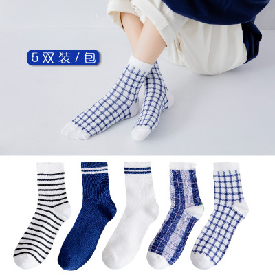 Socks Girls' Cotton Socks Mid-Calf Houndstooth Korean Japanese Ins Fashionable Plaid Socks Cotton Striped Autumn and Winter Bunching Socks