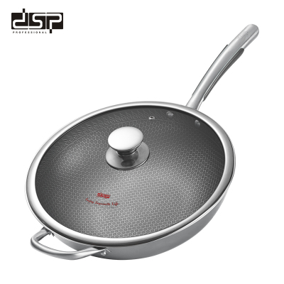 DSP Stainless Steel Non-Stick Wok Household Fried Fish Double Bottom Honeycomb Pot Single Ear Stew Pot with Lid Frying