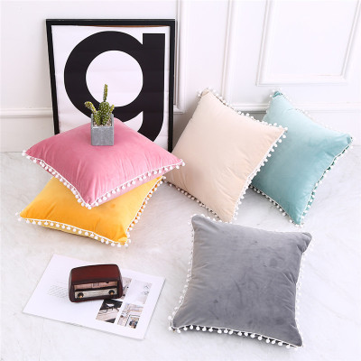 Solid Color Netherlands Velvet Small Fur Ball Lace Pillow Ins Style Velvet Pillow Velvet Sofa Chair Cushion