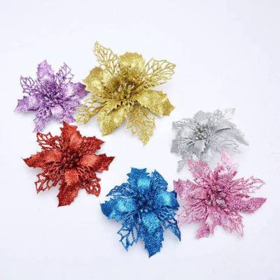 Poinsettia Glitter Fake Flower Artificial Simulation Flowers Christmas Tree Hanging Ornament Home Party Spring Wedding D