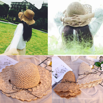 Straw Hat Women's Handmade Crochet Needle Wide Brim Hat Bow Sunhat Spring/Summer Foldable Beach Hat Sun Hat