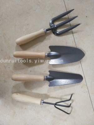 Wooden Handle Flower Set Spade Hoe Rake Dual-Purpose Hoe Three Shovel Garden Tool Combination 4 PCs Set