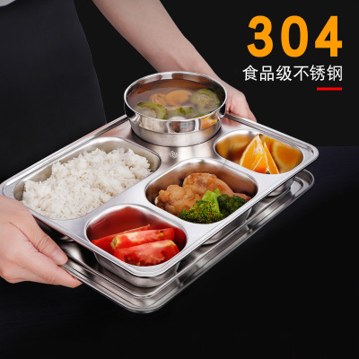 Factory Direct Sales Food Grade 304 Stainless Steel Divided Lunch Box Student Canteen Fast Food Plate Separated Fast Food Box Wholesale