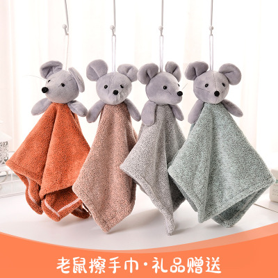 Cross-Border Wholesale Household Bamboo Fiber Hand Towel Hanging Cute Coral Fleece Cartoon Little Mouse Kitchen Hand Towel