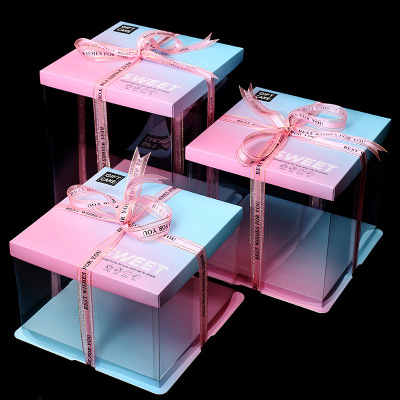Gradient Color Cake Box Square Transparent Three-in-One 6 8 10 12-Inch Baking Package Birthday Gift Toy Box