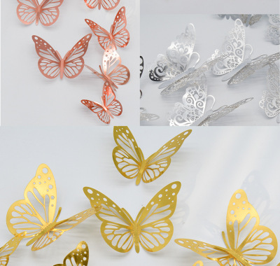 New 3D Metal Texture Hollow Butterfly Wall Stickers Living Room Bedroom Three-Dimensional Butterfly Home Simulation Butterfly Decoration