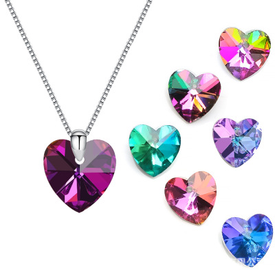 Small Jewelry Accessories TikTok Kuaishou Popular AB Colorful Peach Heart Crystal Necklace Pendant Wholesale DIY Handmade