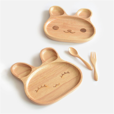 Factory Direct Sales Creative Baby Children's Dinner Plate Rubber Wood Cartoon Rabbit Dinner Plate Wooden Tableware