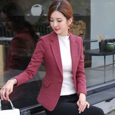 2021 Spring and Autumn New Plaid Suit Coat Women's Thickened Korean Style Slim-Fit Long-Sleeved Short Woolen Suit Top