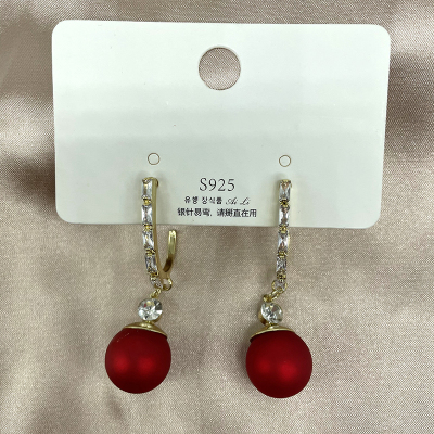 Sterling Silver Needle Women's High-End Red Handmade Pearl Grace Big Pearl Dongdaemun Geometric Earrings Eardrops