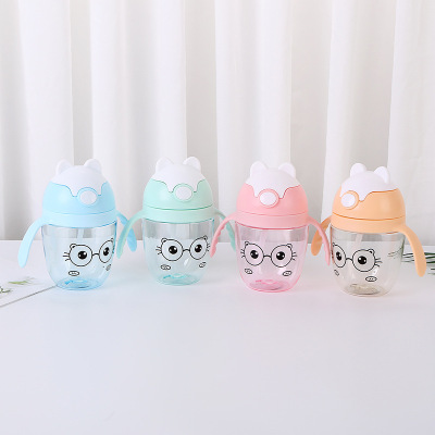 Qfenc Children's Leakproof and Choke Proof Pop-up Suction Cup with Straw Handle Drop-Resistant Cartoon Eyes Drinking Cup