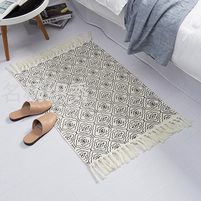 Printed Black Balcony Floor Mat Modern Minimalist Bedroom Bedside Mats Hand Knotted Tassel Doormat