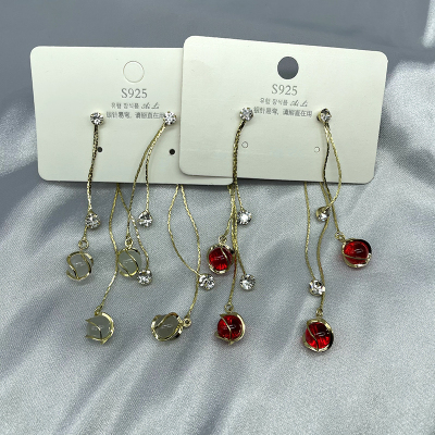 One Style for Dual-Wear Red Opal Earrings Female Simple Style Long Tassel Eardrops Slim Face Earrings Tide