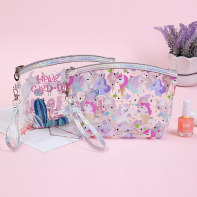 New PVC Transparent Wash Bag Cartoon Young Girl Unicorn Alpaca Cosmetic Bag Women's Storage Large Capacity Anti-Bag