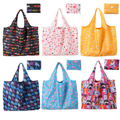 2021 New Cute Cartoon Folding Small Square Bag Shopping Bag Large Eco-friendly Bag Single Shoulder Women's Waterproof Shopping Oxford Cloth