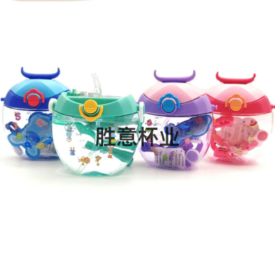 Chinese children's strap straw cartoon flat learning cup