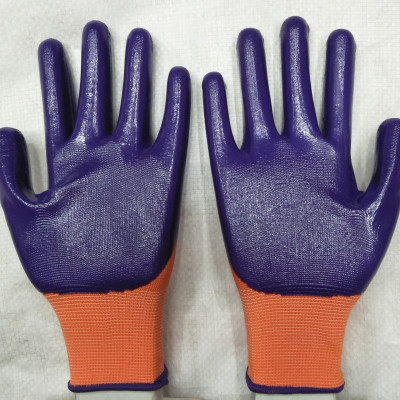 Labor Protection Gloves Factory Customized Sales Semi-Hanging Dipped Nitrile Gloves Thirteen-Pin Nylon Ding Qing to Sample Fixed Logo