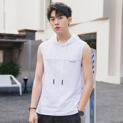 Men's Vest Cotton T-shirt Fitness Sports Summer New Hooded Sleeveless Clothing T-shirt Men's Embroidered Bottoming Shirt