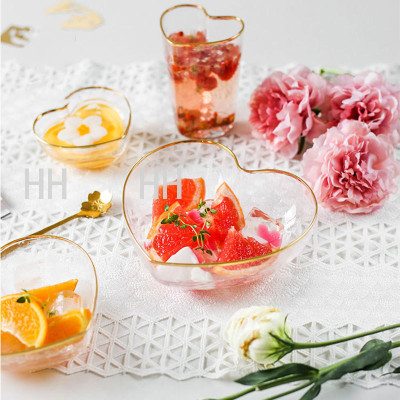 INS Modern Simple Love Hammered Pattern Golden Trim Crystal Glass Bowl Heart Shaped Cup Fruit Salad Bowl Dessert Bowl