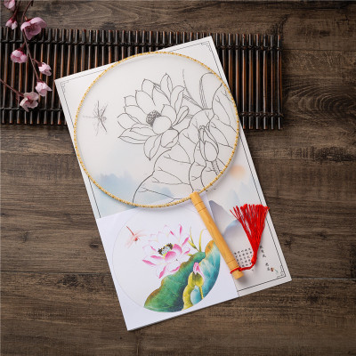 DIY Claborate-Style Hand Drawing round Temple Fan Artificial Silk Circular Fan Copy Painting Fan Parent-Child Warm-up Activity Color Filling Fan