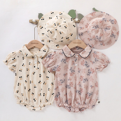 Korean Children's Clothing Baby Rompers Short-Sleeved Hat Baby Girl Summer Dress Cherry Floral Jumpsuit Rompers Jumpsuit