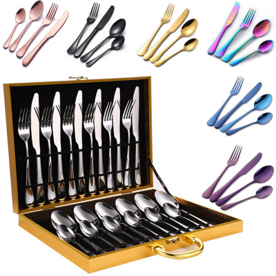 Amazon Hot Sale 1010 Gold Titanium-Plated Stainless Steel Gift Box Wedding 24-Piece Set Western Tableware Knife, Fork and Spoon Suit
