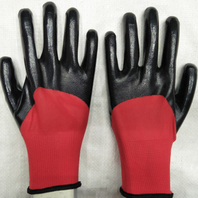 Labor Protection Gloves Factory Customized Sales Semi-Hanging Dipped Nitrile Gloves Thirteen-Pin Nylon Ding Qing to Sample Fixed Logo