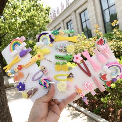 Barrettes Korean Girls Cartoon Suit Side Clip Contrast Color Polymer Clay Fruit Rainbow Flower Barrettes Word Clip