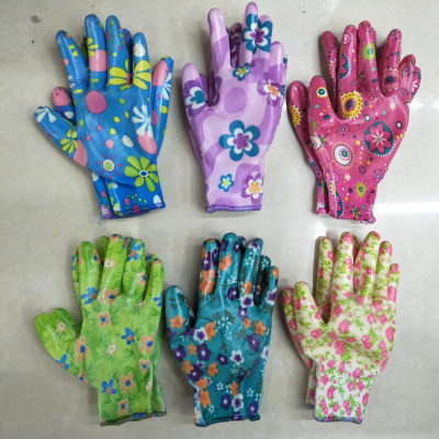 Factory Customized Flower Gloves Nitrile Impregnated Protective Gloves Thirteen Needle Nylon Ding Qing Can Be Customized According to Customer Requirements