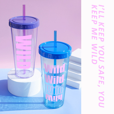 Large Capacity Transparent Double-Layer Cup with Straw Water Cup Plastic Cup Ice Cup Ins Logo Can Be Added